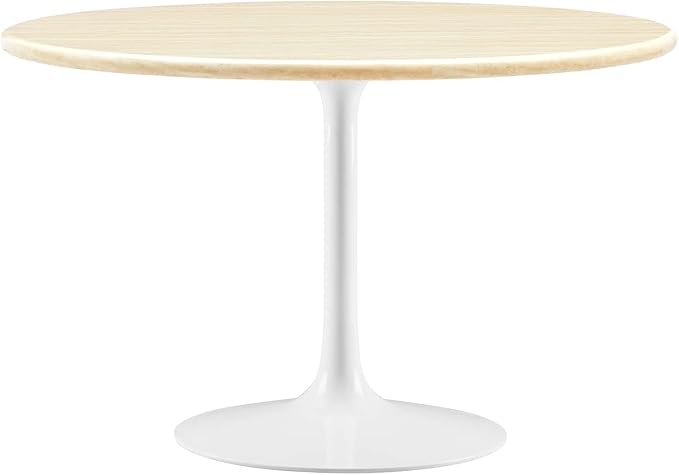 Modway Lippa 48" Round Artificial Dining Table with Tapered, Metal Base, White Travertine