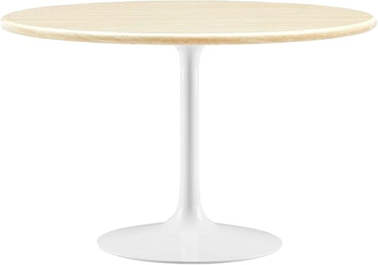 Modway Lippa 48" Round Artificial Dining Table with Tapered, Metal Base, White Travertine