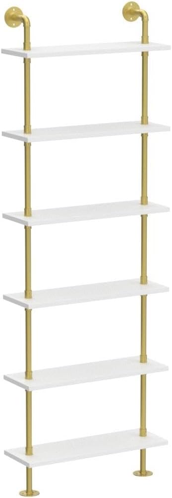 Industrial 6-Tiers Modern Ladder Shelf Bookcase,Wood Storage Shelf,Display Shelving, Wall Mounted Wood Shelves(Gold)