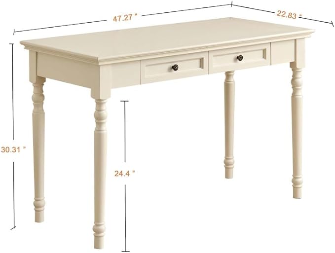 ADORZ Writing Desk with Drawers, 47 Inch French Country Desk Solid Wood Writing Desk for Home Office, Study Workspace or Bedroom (White, 47 inches)