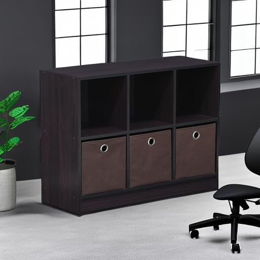 Furinno BASIC Book Shelf, 6-Cube Bookshelf with Open Shelf, 3 x 2 Bookcase with Storage Bins, Closed Back, Horizontal, 11.9 x 31.6 x 23.6, for Living Room, Bedroom, Home Office, Dark Walnut