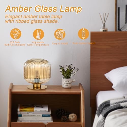 Mid Century Modern Globe Table Lamp, Amber Glass Table Lamp Vintage Bedside Lamp Gold Nightstand Lamp Ribbed Lantern Design, Small Side Table Lamps Decorative Desk Lamp for Bedroom Living Room Office