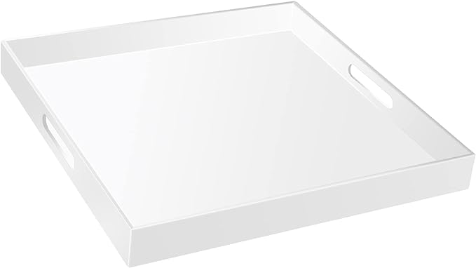 20×20 Inches Oversize Extra Large Sturdy Glossy White Acrylic Serving Tray King Size Decorative Big Ottoman Trays with Cut Out Handles Water Proof Bed Tray Coffee Counter Top Organizer