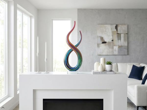 Hand Blown Murano Style Glass Sculpture, 14" Double Spiral Infinity Music Note Figurine Collectible, Modern Abstract Home Decor for Living Room Office Aquarium, Unique Gift for Art Lovers