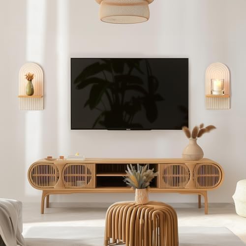 Boho Wall Candle Holder Decor: Mid Century Candle Sconces Set of 2 for Plants Pillar Candles - White Wood Modern Minimalist Arch Candle Shelf Bohemian Art Decor Beside Fireplace TV