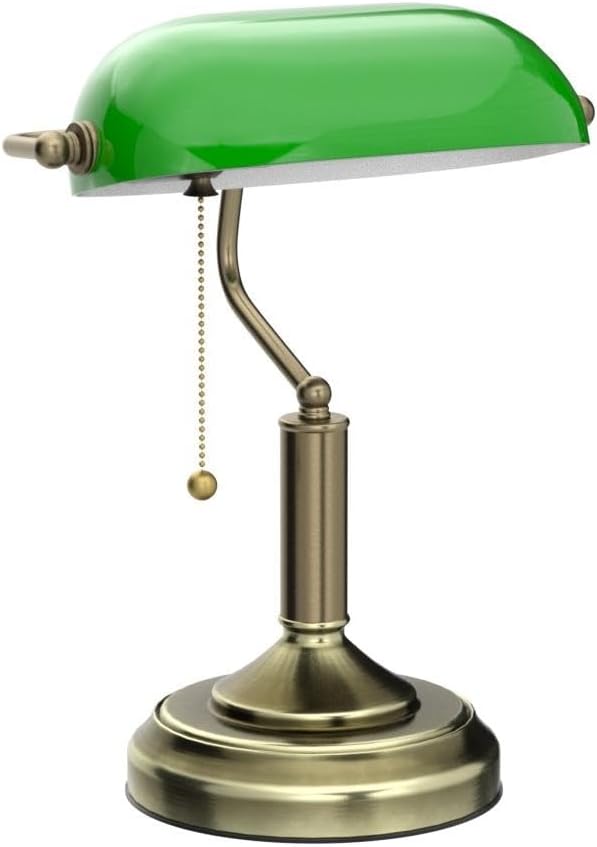 TORCHSTAR Green Glass Bankers Desk Lamp, Antique Desk Lamps with Brass Finish Base, Traditional Library Lamp with Pull Chain, E26 Base, Vintage Desk Lamp for Office, Study Room