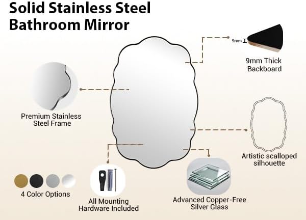 ANDY STAR Chrome Wavy Scalloped Mirror - 22x30 Inch Modern Oval Bathroom Mirror, Unique Irregular Wall Mirror with Heavy Duty SUS Metal Frame