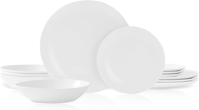 Bestone 12-Piece Round Porcelain Dinnerware Set, Service for 4, Chip Resistant Plates and Bowls,White, Dishwasher & Microwave Safe for Home Daily Use
