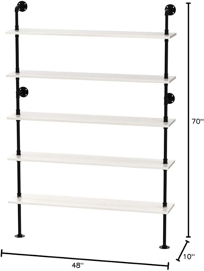 Pipe Industrial Ladder Shelves Bookcase, Wall Mounted Retro Wood Metal Pipe Rustic Bookshelf (White, 5 Tier - 10" D x 48" W x 70" H)