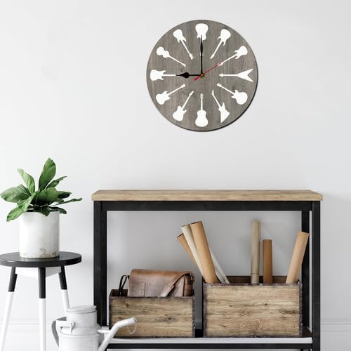 FemiaD Music Wall Clock Guitar Sign 10inch Silent Non-Ticking Battery Operated Quartz Round Wooden Wall Clock Decorative for Kitchen Bedroom Living Room Home Decor
