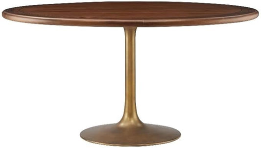 Modway Lippa 60 Inch Round Wood Dining Table with Metal Pedestal in Brass Walnut - Modern Industrial Dining Table for 6 People - Solid Wood Tulip Kitchen Table