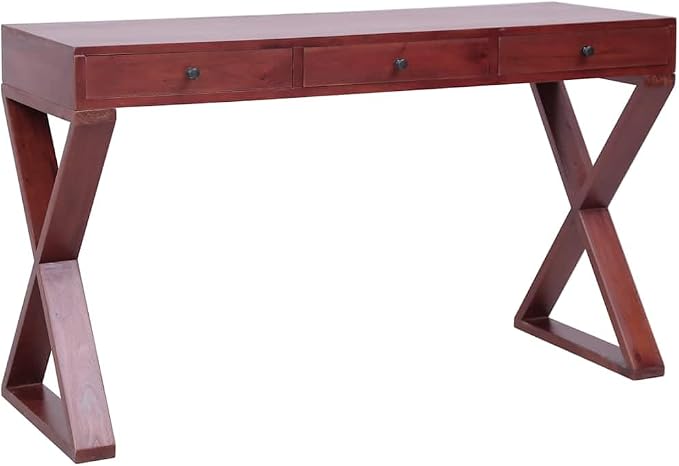 Solid Mahogany Wood Computer Desk with 3 Drawers, 45.3-inch Mid-Century Writing Table for Home Office, Bedroom, Study Desk with Cross-Legged Frame, Brown