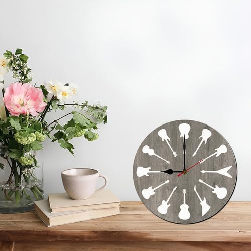 FemiaD Music Wall Clock Guitar Sign 10inch Silent Non-Ticking Battery Operated Quartz Round Wooden Wall Clock Decorative for Kitchen Bedroom Living Room Home Decor