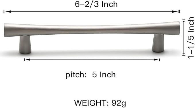 YAGU 5 Pack Brushed Nickel Cabinet Handles Satin Silver 5 Inch Screw Spacing Kitchen Drawer Pulls Zinc Alloy Hardware for Bathroom Cupboard Dresser Closet, 6.6" Overall