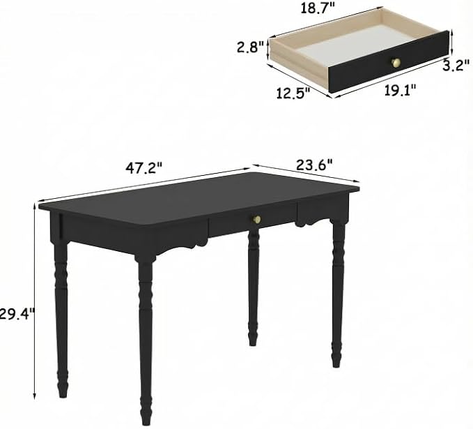 Timechee 47 inch Study Computer Desk, Black Office Work Desk with a Storage Drawer for Bedroom, Mid-Century Modern Computer Study Writing Table with Roman Column Legs for Home Office, Living Room