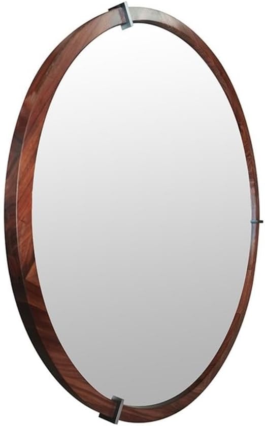 Pemberly Row 31.5" Round Accent Mirror, Walnut Wood and Veneer Frame, Brown Finish, Mid-Century Modern Design, Gunmetal Geometric Accents, Wall Mount for Entryway, Bedroom, Living Room Decor