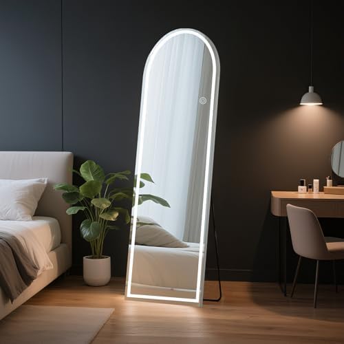 OLIXIS 16"x 60" Arched LED Full Length Mirror with Lights, Standing Lighted Floor Full Body Mirror with 3 Color Lighting, Wall Mounted Mirrors for Bedroom, Home, Entryway with Tempered Glass