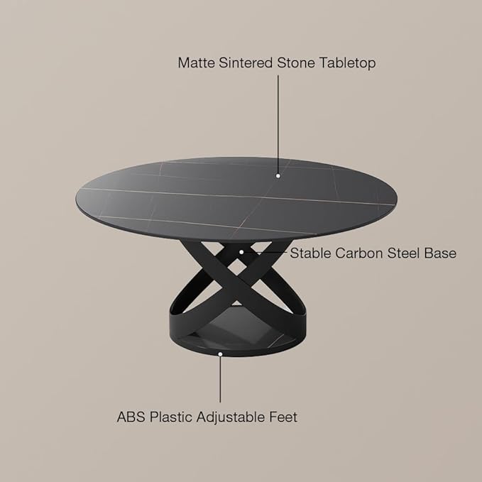 POVISON 60" Round Dining Table for 6, Modern Dining Room Table with Lazy Susan, Matte Black Sintered Stone Dining Tabletop with X-Shape Carbon Steel Base (Table Only)