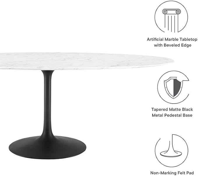 Modway Lippa 78" Oval-Shaped Mid-Century Modern Dining Table with Artificial Marble Top and Black Base
