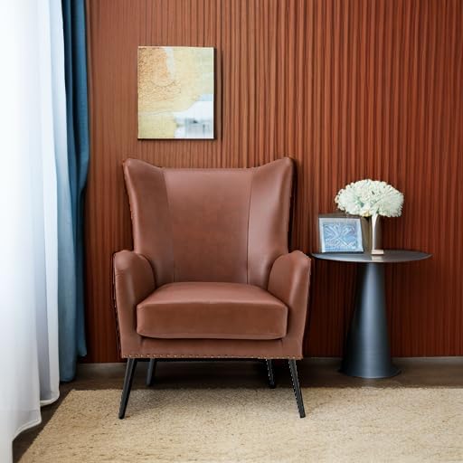 HULALA HOME Faux Leather Accent Chair with Removable Cushion, Comfy Upholstered Armchair with Black Metal Legs & Nailhead Trim Wingback Vanity Chair for Reading Living Room Bedroom, Brown