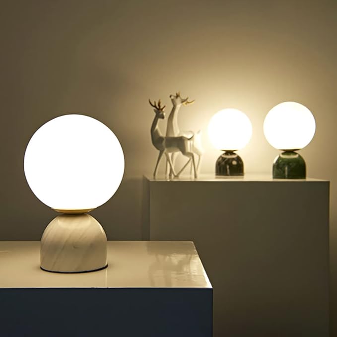 Meefad Globe Bedside Lamp, Modern Cute Night Light with Glass Shade, Marble Base, Small Table Lamp for Bedroom - White