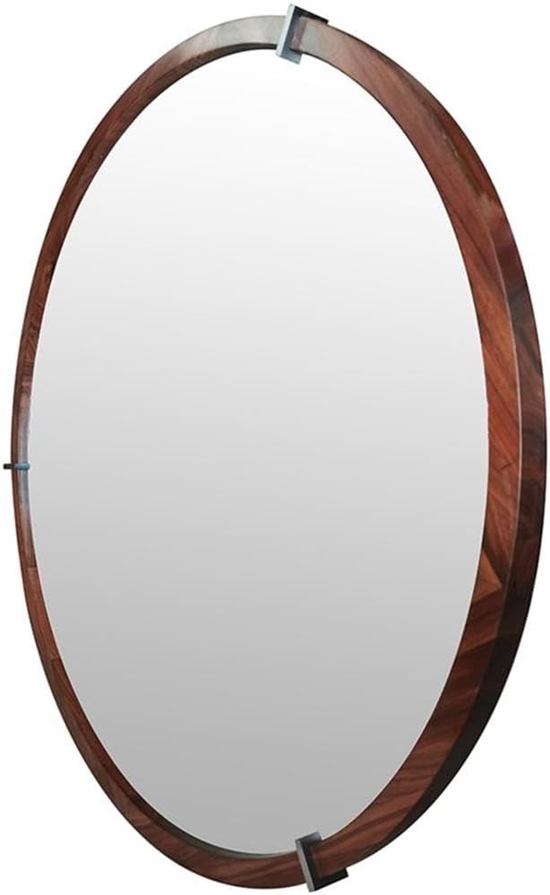 Pemberly Row 31.5" Round Accent Mirror, Walnut Wood and Veneer Frame, Brown Finish, Mid-Century Modern Design, Gunmetal Geometric Accents, Wall Mount for Entryway, Bedroom, Living Room Decor