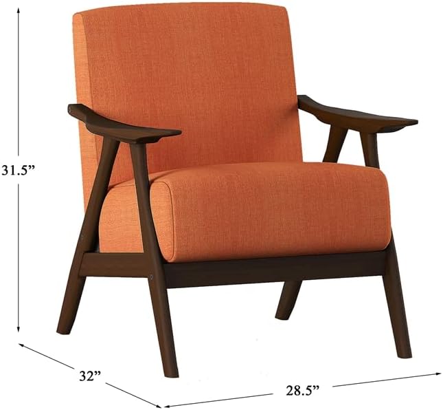 Lexicon Mid Century Modern Accent Chair with Solid Wood Frame in Walnut Finish, Upholstered Living Room Lounge Arm Chair, Thick and Comfy Innerspring Seat Cushion, Linen-Look Fabric, Orange