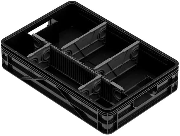 SIDIO Quarter Crate 4 Pack of Stackable Storage Bins - Organizer Bins with Dividers for Garage Organization, Home Storage - Heavy Duty Plastic Containers - 19.16” x 12.75”x 4.57” (Black)