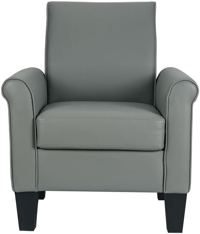 Mid-Century Modern Accent Chair, Overstuffed Leather Chairs for Living Room,Upholstered Comfy Club Chair Fake Faux Leather Armchair for Bedroom Apartment Office Lounge, PU Leather, Grey