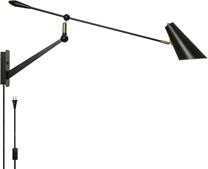 Adjustable Directional Plug in wall Light Swing arm, Unique Long Pole wall Lamps for Living Room Sofa Background Wall, Movable Retro Style Dining Table Large wall Mount lamp, E26 Base
