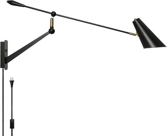 Adjustable Directional Plug in wall Light Swing arm, Unique Long Pole wall Lamps for Living Room Sofa Background Wall, Movable Retro Style Dining Table Large wall Mount lamp, E26 Base