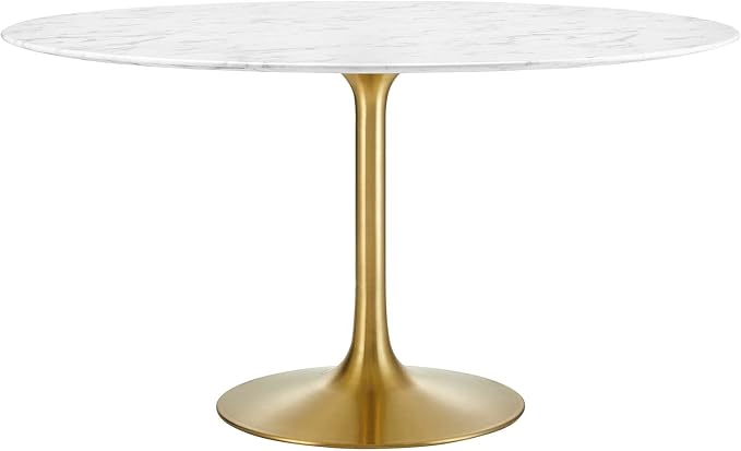Modway Lippa 54" Mid-Century Dining Table with Round Artificial Marble Top in Gold White