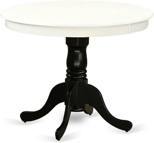 East West Furniture ANT-LBK-TP Antique Modern Kitchen Table - a Round Dining Table Top with Pedestal Base, 36x36 Inch, Linen White & Black
