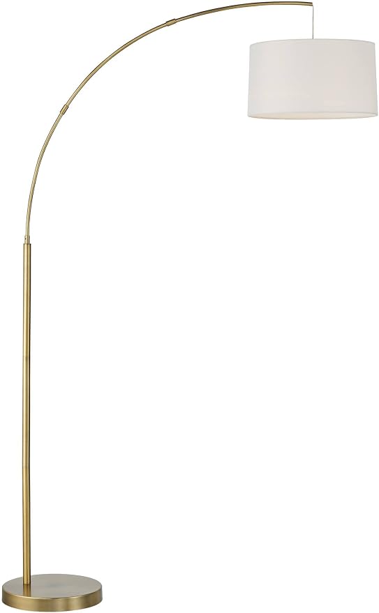 360 Lighting Cora Mid Century Modern Arc Lamps Floor Standing with USB Charging Port 72" Tall Brass Metal White Linen Fabric Drum Shade for Living Room Reading House Bedroom Home Office