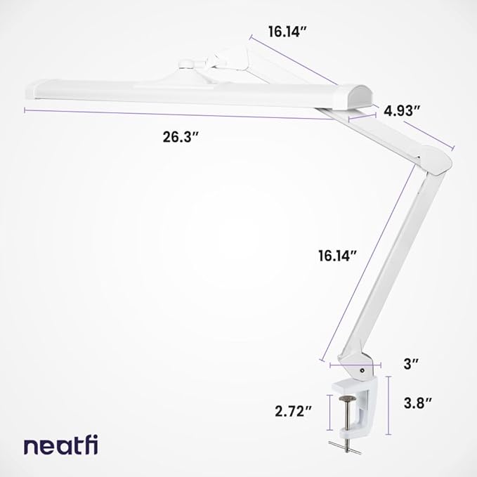 Neatfi LED Desk Lamp, 3,500 Lumens, 3 Light Modes, Dimmable, 45W, 26” Wide Shade, 540 SMD LEDs, Eye-Caring Task Lamp for Reading, Crafting, Workbench, Office (CCT with Clamp, White)