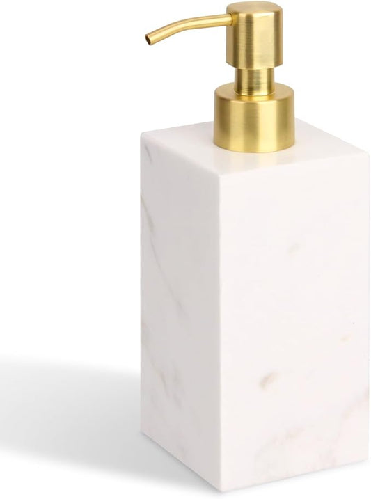 Natural Marble Soap Dispenser for Bathroom and Kitchen Countertop - 5.41 Ounces Hand Lotion and Liquid Stone Shampoo Laundry Bottle with Pump (1, White, Rectangular Bottle)