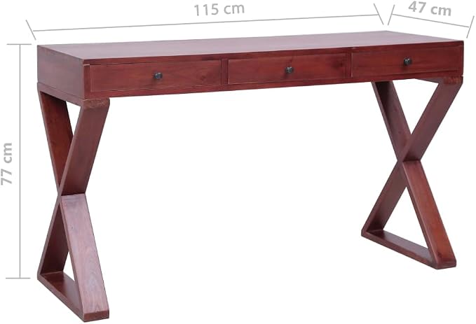 Solid Mahogany Wood Computer Desk with 3 Drawers, 45.3-inch Mid-Century Writing Table for Home Office, Bedroom, Study Desk with Cross-Legged Frame, Brown