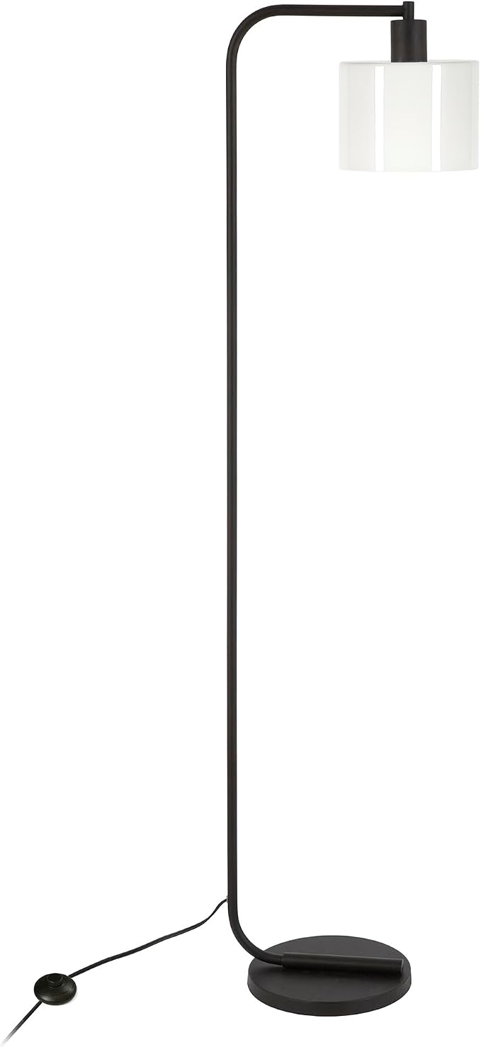 Henn&Hart 57'' Industrial 1-Light Floor Lamp with White Glass Drum Shade for Living Room, Bedroom, or Office, Black