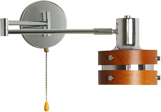 Industrial Retro Swing Arm Wall Lamp - Adjustable 1-Light Sconce with Pull On/Off Switch, Silver & Wood Finish, Perfect for Bedroom Reading Home Lighting Decor