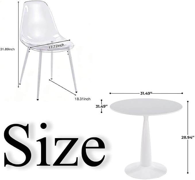 31.5" Round Dining Table Set for 4, Mid Century Modern Round Dining Table with 4 Chairs, w/Pedestal, White Coffee Table Set for Kitchen Dining Room, Office, Save Space (with 4 PET Chairs)