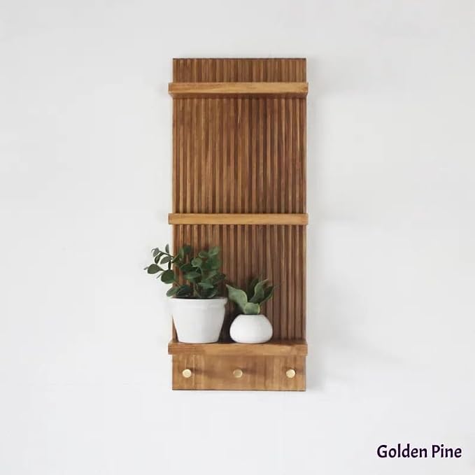 Mid‑Century Vertical Fluted Wall Shelf with Brass Knobs, 3‑Tier Dark Walnut Wood Wall‑Mount Organizer, Decorative Floating Display Rack for Plants Jewelry Home Decor