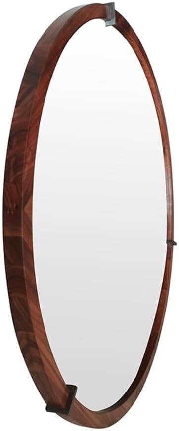 Pemberly Row 31.5" Round Accent Mirror, Walnut Wood and Veneer Frame, Brown Finish, Mid-Century Modern Design, Gunmetal Geometric Accents, Wall Mount for Entryway, Bedroom, Living Room Decor
