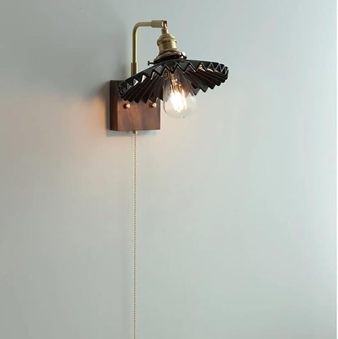 Adjustable Retro Brass Pleated Wall Sconce with Walnut Base - Stylish Swing Arm Lamp for Bedroom, Living Room & Study - Pull Chain Switch Lighting Fixture (Black)