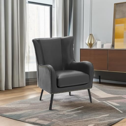 HULALA HOME Faux Leather Accent Chair with Removable Cushion, Comfy Upholstered Armchair with Black Metal Legs & Nailhead Trim Wingback Vanity Chair for Reading Living Room Bedroom, Black