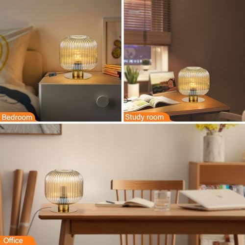 Mid Century Modern Globe Table Lamp, Amber Glass Table Lamp Vintage Bedside Lamp Gold Nightstand Lamp Ribbed Lantern Design, Small Side Table Lamps Decorative Desk Lamp for Bedroom Living Room Office