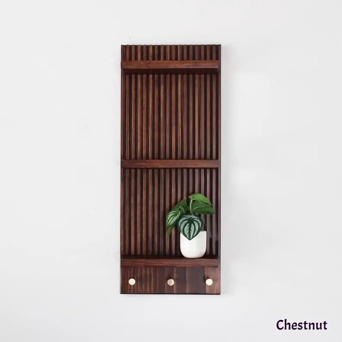 Mid‑Century Vertical Fluted Wall Shelf with Brass Knobs, 3‑Tier Dark Walnut Wood Wall‑Mount Organizer, Decorative Floating Display Rack for Plants Jewelry Home Decor