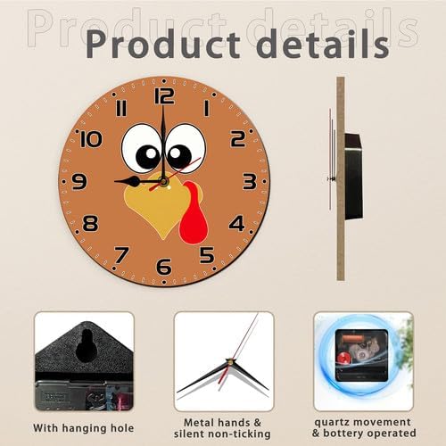 FemiaD Turkey Wall Clock 10inch Silent Non-Ticking Battery Operated Quartz Round Wooden Wall Clock Decorative for Kitchen Bedroom Living Room Home Decor