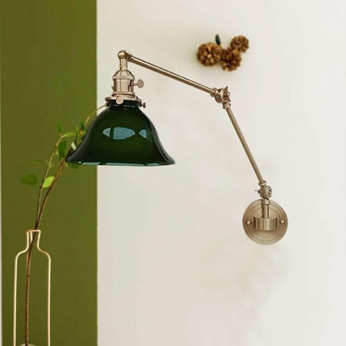 Adjustable Swing Arm Wall Lamp with Green Glass Shade, Brass Finish, Industrial Retro Style, Rotatable Wall Sconce for Bedroom Bedside Reading