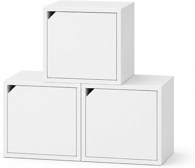 Modular Storage Cube with Door, 11.8" x 11.8" [30 x 30 x 30cm] Multipurpose Wooden Bookshelf and Closet Organizer, Stackable Shelving Unit with Optional Removable Interior Shelf (3, White)