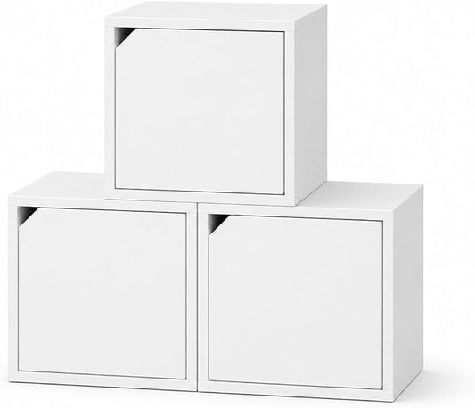 Modular Storage Cube with Door, 11.8" x 11.8" [30 x 30 x 30cm] Multipurpose Wooden Bookshelf and Closet Organizer, Stackable Shelving Unit with Optional Removable Interior Shelf (3, White)